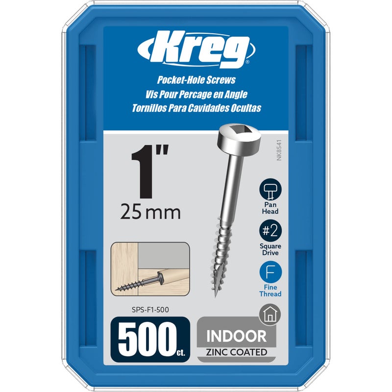 Kreg SPS-F1-500 Zinc Pocket Screws, 1-Inch, #6 Fine Thread, Pan Head (500 Count) - Image 1